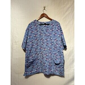 Womens Blue Pink Heart Floral Print Scrub Top V Neck Short Sleeve Approx XL